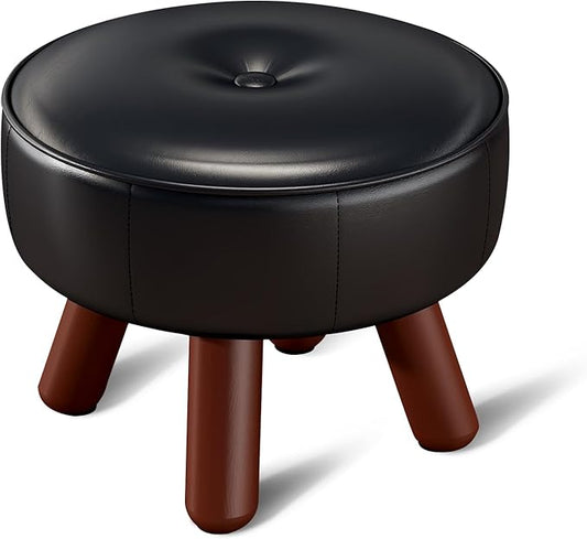 13in Small Foot Stool Ottoman, Round Faux Leather Foot Rest, Footstool Ottomans with Rubber Legs Under Desk, Footrest for Couch, Living Room, Bedroom, Office, 13''L x 13''W x 10.2''H, Black-CasaMuseHome