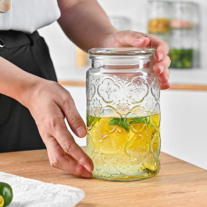 32oz Vintage Glass Jar With Lid, Glass Storage Containers, Airtight Kitchen Storage Containers For Sugar, Coffee, Tea, Spice, Flour, Candy Cookie, Pasta, Cereal, Cute Decorative Jars-CasaMuseHome