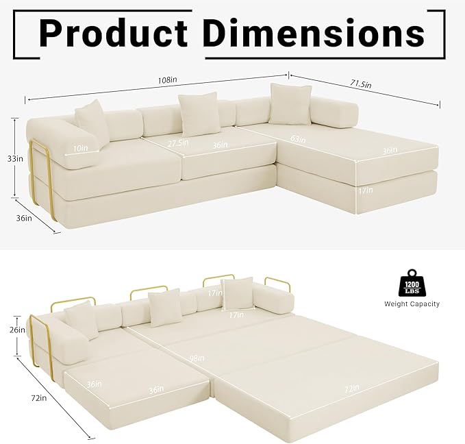108" Oversized Convertible Sleeper Sofa Bed, Corduroy L Shape Sectional Couch, Folding Sofa Bed with Side Pocket, Modern Cloud Floor Mattress Couch, Modular Sofa for Living Room, Beige-CasaMuseHome