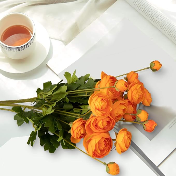 5 Stems Artificial Silk Ranunculus Flowers Orange 23" Tall,UV Resistant,Bendable Stems for Wedding Centerpieces,Home Deco（Orange）-CasaMuseHome