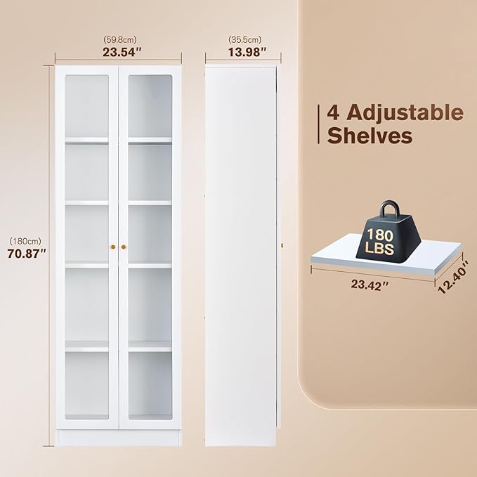 5 Tier Metal Curio Cabinets, Modern Bookshelf Cabinet with 4 Adjustable Shelves, Cabinet Display Case for Home Office, Living Room, Pantry (White-23.54W-Metal Door)-CasaMuseHome