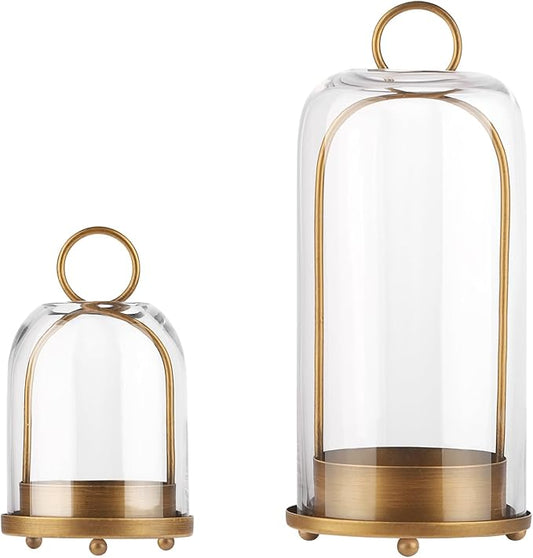 6" & 4" Versatile Modern Metal Hurricane Lantern in Set of 2 with Handmade Sturdy Glass Dome for Pillar Candle & Plants (Brass, 4"x7.5" &6.3"x11.2")-CasaMuseHome