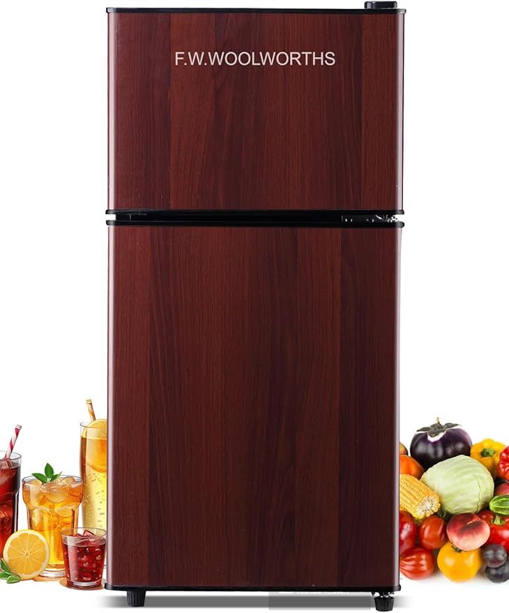 3.5 Cu.Ft Mini Fridge with Freezer, Compact Refrigerator with 2 Doors for Office, Kitchen, Dorm and Bedroom, Small Fridge with 7 Level Temp Adjustable Thermostat, Wood-CasaMuseHome