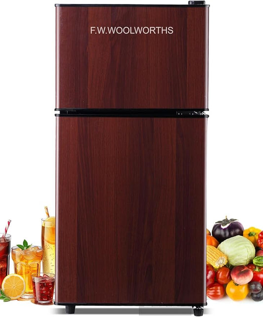 3.5 Cu.Ft Mini Fridge with Freezer, Compact Refrigerator with 2 Doors for Office, Kitchen, Dorm and Bedroom, Small Fridge with 7 Level Temp Adjustable Thermostat, Wood-CasaMuseHome