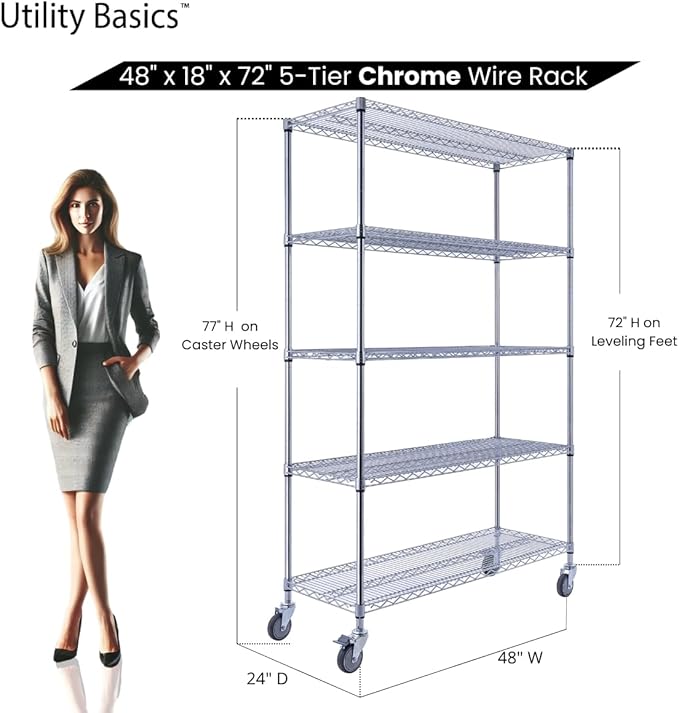 48"x18"x72" Chrome 5-Tier PREMIUM Wire Shelving NSF 4000 LBS MAX CAPACITY Heavy Duty Steel Storage Rack for Warehouses, Garages, Hospitals, Commercial Spaces, & Schools w/PREMIUM WHEELS-CasaMuseHome