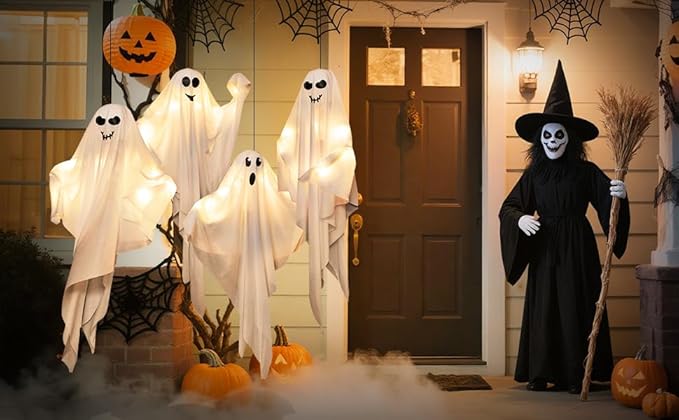 4 Pack Halloween Hanging Ghosts, 27.5 Inch with Light Up Ghost Kit for Indoor Outside Ornaments, Spooky Yard Tree Halloween Decorations Outdoor, Party Décor-CasaMuseHome