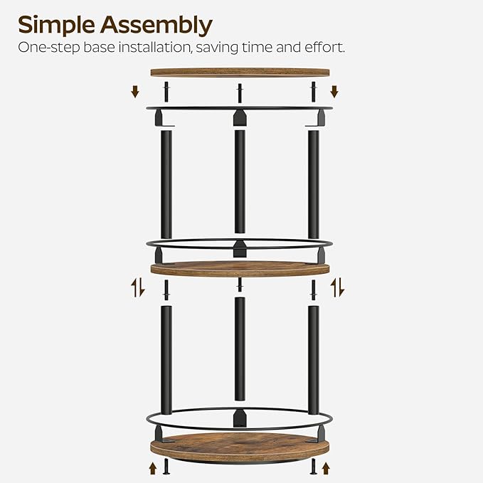 3-Tier Lazy Susan Organizer, Rotating Spice Rack, Spinning Organizer, Industrial Turntable Spice Rack Organizer for Cabinet, Kitchen Countertop, Pantry, Rustic Brown and Black SR23BR-CasaMuseHome