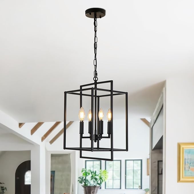 4-Light Vintage Black Chandelier, Foyer Lighting Fixtures Farmhouse Chandeliers for Dining Room, Modern Industrial Lantern Pendant Light for Kitchen Island Entryway Stairway-CasaMuseHome