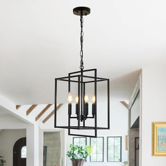 4-Light Vintage Black Chandelier, Foyer Lighting Fixtures Farmhouse Chandeliers for Dining Room, Modern Industrial Lantern Pendant Light for Kitchen Island Entryway Stairway-CasaMuseHome