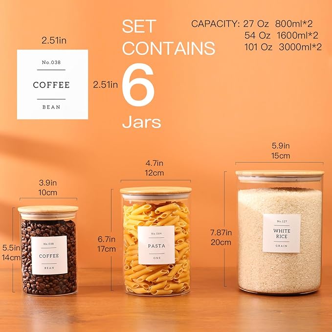 6-Pack Borosilicate Glass Storage Jars with Bamboo Lids + 132 Pre-Printed Pantry Labels Included, BPA-Free Thicken Airtight Containers for Flour, Sugar, Rice, Microwave & Freezer Safe(100OZ/54OZ/27OZ)-CasaMuseHome