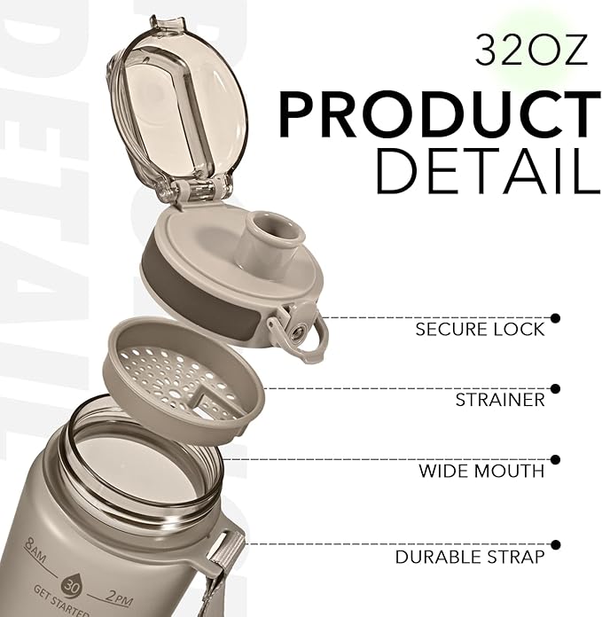 32oz Motivational Water Bottles with Time Marker & Fruit Strainer, Transparent Gradient Color Water Bottle with Times to Drink, Leakproof & BPA Free, Reusable Bottle with Strap (No Straw)-CasaMuseHome