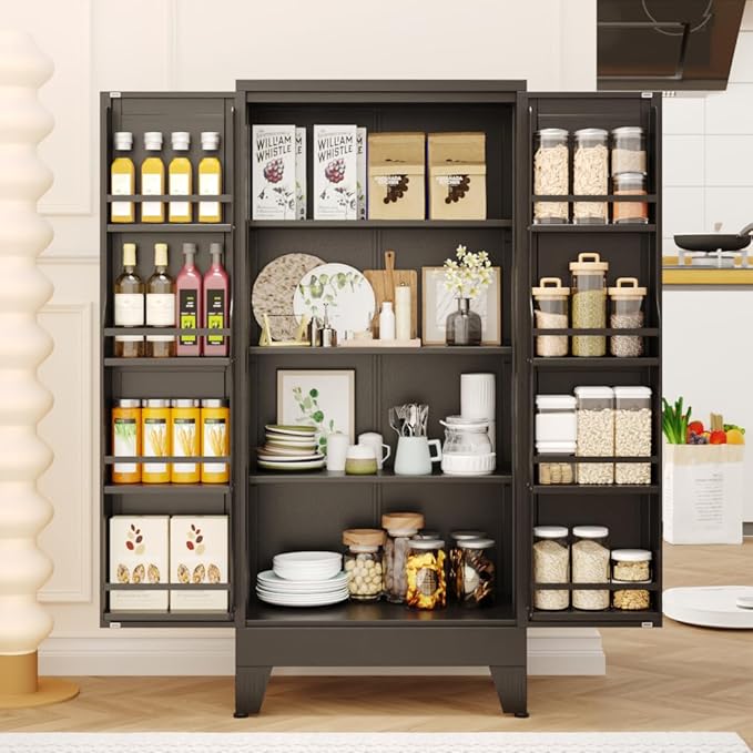 51" Kitchen Pantry Cabinet, Metal Storage Cabinet with 3 Adjustable Layer Shelves, 8 Door Shelves, Buffet Sideboard for Living Room, Kitchen, Black-CasaMuseHome