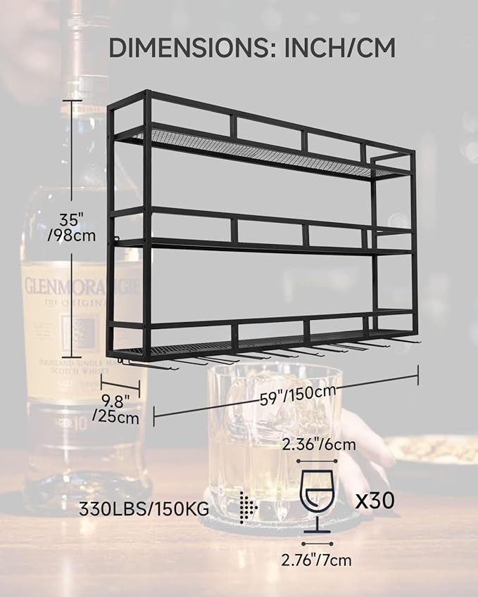 59" Large Wine Rack Wall Mounted with Bottle Glass Holder, 3-Tiers Metal Liquor Floating Shelves with LED Light, Wall Bar Shelf for Home, Restaurant, Commercial Bar, Kitchen Storage Display-CasaMuseHome