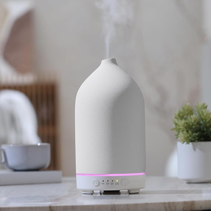 200ML Ceramic Essential Oil Diffuser - Ultrasonic Aromatherapy & Humidifier with 7-Color LED Lights, Auto Shut-Off, White, 1H/3H/6H Timer | Scent for Home,Office,Yoga-CasaMuseHome