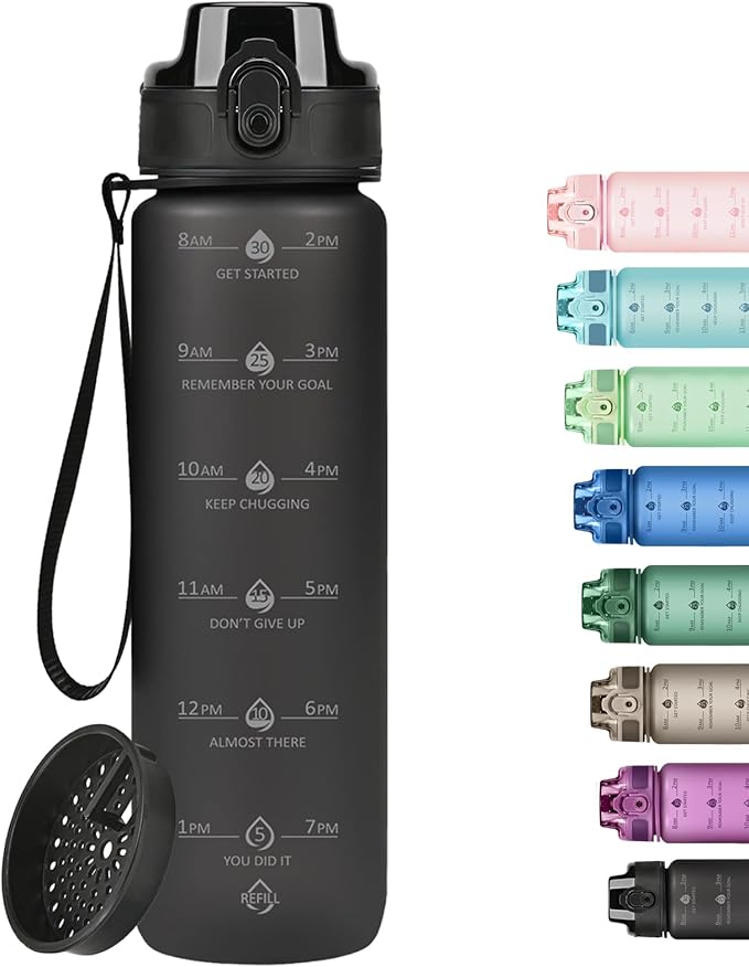 32oz Motivational Water Bottles with Time Marker & Fruit Strainer, Transparent Gradient Color Water Bottle with Times to Drink, Leakproof & BPA Free, Reusable Bottle with Strap (No Straw)-CasaMuseHome