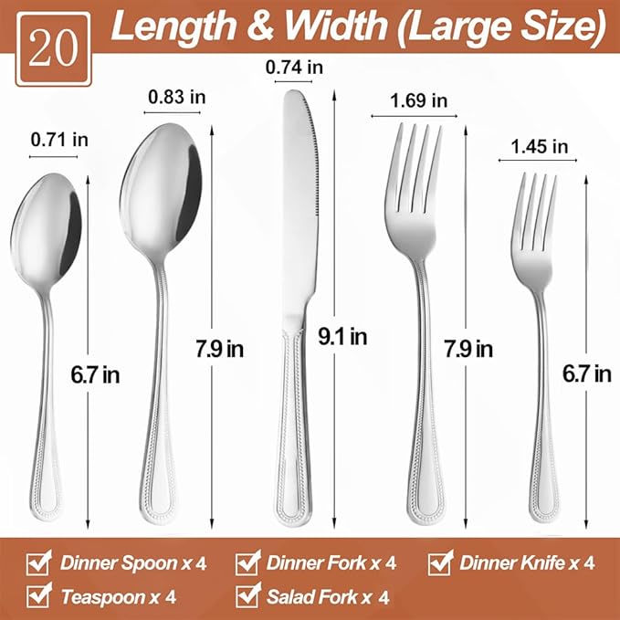 20 Pcs Silverware Set for 4 with Pearled Edge Handle design, Food Grade Stainless Steel Flatware Set, Eating Utensils Sets Include Fork/Knife/Spoon, Reusable Cutlery Set, Dishwasher Safe-CasaMuseHome