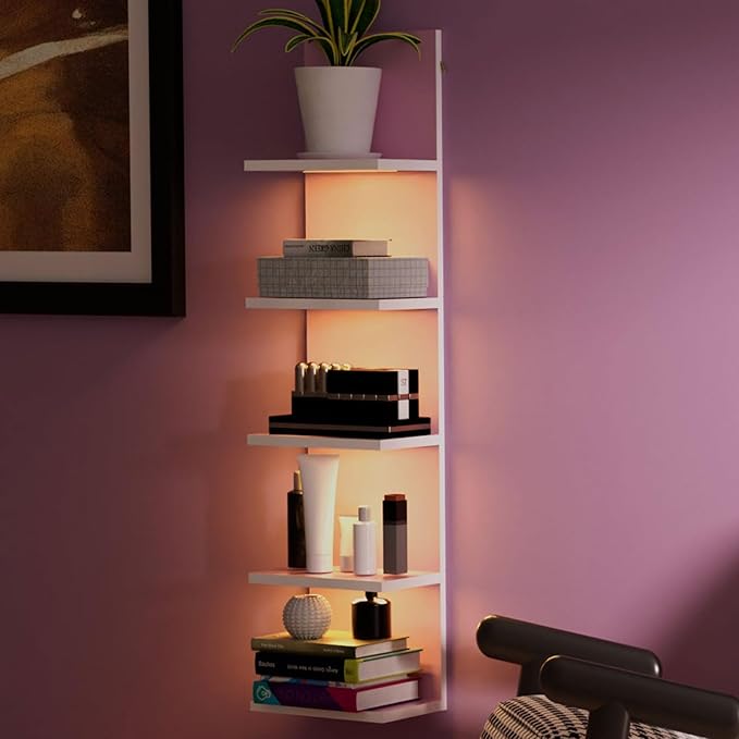 5 Tier Wall Shelf Unit,Modern Vertical Lack Wall Shelves with Light, Wall Mount, Floating Column Home Decor Shelves for Bedroom, Living Room, Vanity Storage Display(Pink)-CasaMuseHome