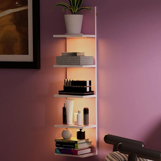 5 Tier Wall Shelf Unit,Modern Vertical Lack Wall Shelves with Light, Wall Mount, Floating Column Home Decor Shelves for Bedroom, Living Room, Vanity Storage Display(Pink)-CasaMuseHome