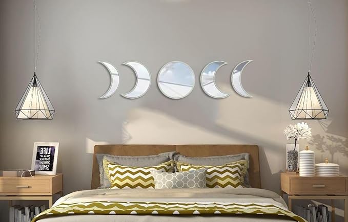 5 pcs Scandinavian Natural Decor Acrylic Moonphase Mirrors Interior Design Moon Phase Mirror Bohemian Wall Decoration for Home Living Room Bedroom Decor - No Need to Punch (Gold)-CasaMuseHome