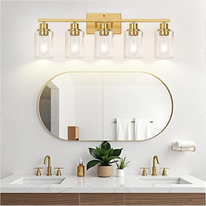 5-Light Bathroom Vanity Light with Clear Glass Shades, Brushed Gold Bathroom Light Fixtures Over Mirror, Modern Vanity Light for Mirror Living Room Cabinet Bedroom Porch-CasaMuseHome
