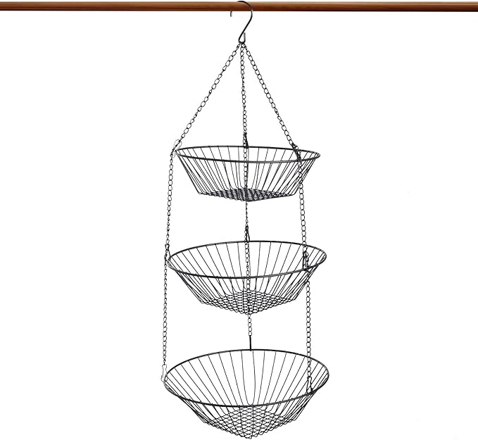 3-Tier Wire Fruit Hanging Basket 2 Packs,non-Punching Wall Hanging Storage,Kitchen Bathroom Organization Basket,Suitable for Bathroom,Kitchen,Closet,Garden,Black-CasaMuseHome