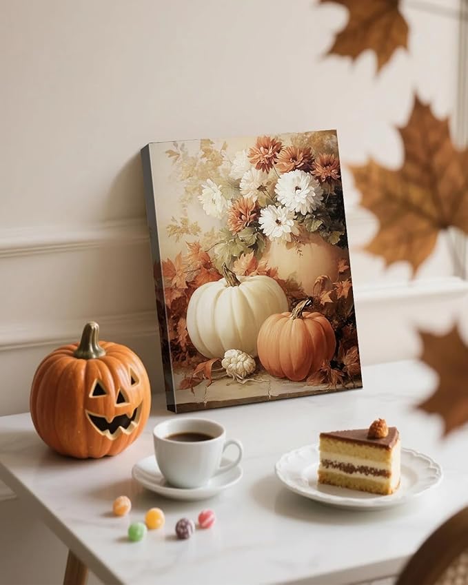AbcCustomize Fall Wall Art Pumpkin Floral Print, Vintage Thanksgiving Decorations Canvas for Autumn Decor, Rustic Daisy Farmhouse Wall Art Decor for Bedroom Living Room Kitchen, Ready to Hang-CasaMuseHome