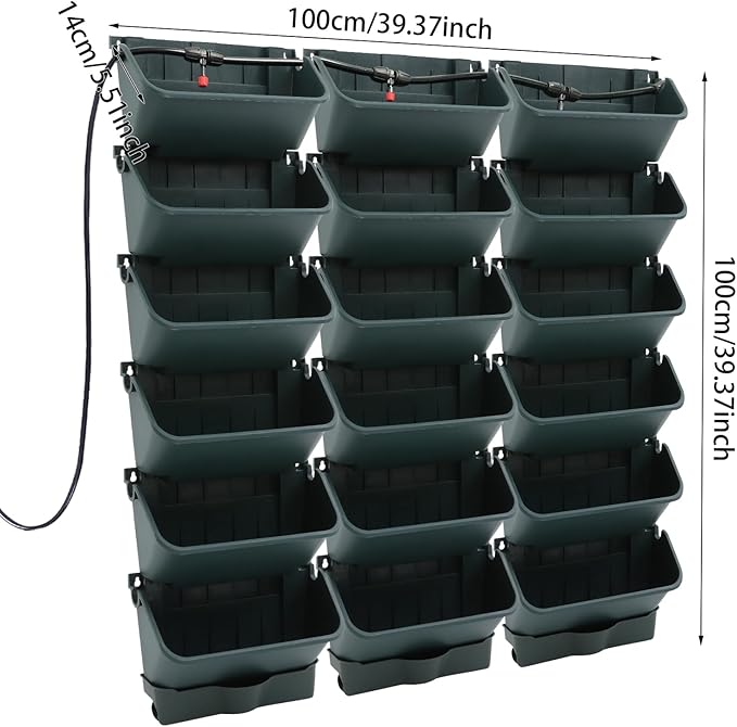 18 Pots Self-Watering Vertical Wall Planter, 39.4”L x 39.4”H Stackable Plastic Wall-Mounted Plant Grow Pots, Wall Hang Garden Planter Outdoor Indoor for Herbs Flowers Strawberries (Green)-CasaMuseHome