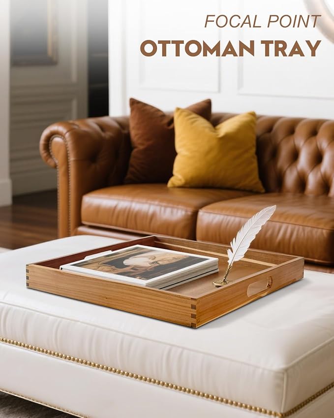 20 Inches Square Acacia Wood Ottoman Tray, Extra Large Wooden Serving Tray with Handles for Living Room, Serving Food Breakfast, Ottoman Coffee Table Couch Sofa Kitchen-CasaMuseHome