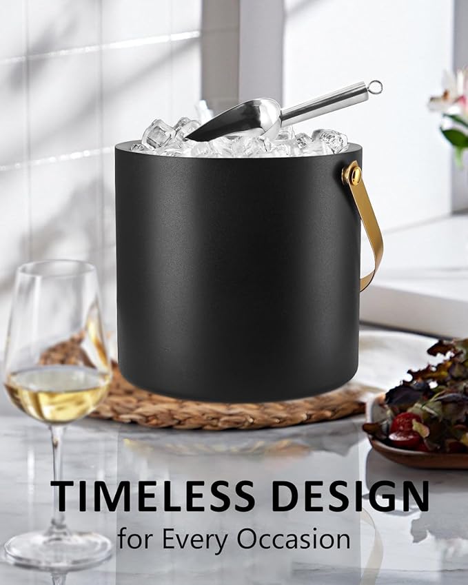 3L Ice Bucket with Silicone Lid, Scoop, Gold Tongs & Strainer, Stainless Steel Double Wall Insulated Ice Buckets for Parties & Cocktail Bar, Outdoor Champagne Ice Container Bin, Black-CasaMuseHome