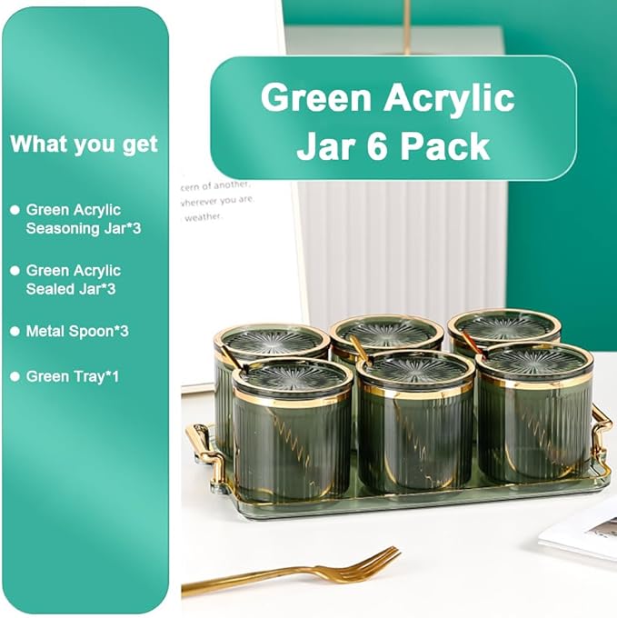 Acrylic Condiment Spice Jars,Condiment Spice Box With Lids and Spoons and Tray,Clear Plastic Condiment Canisters,Seasoning Box 6 Pack,Seasoning Box Set for Kitchen to Storage Salt,Paprika,Sugar-CasaMuseHome