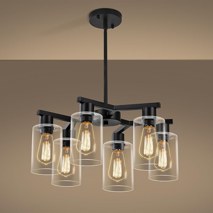 6-Light Modern Farmhouse Black Chandelier, Dining Room Light Fixture Over Table Adjustable Height Hanging Industrial Pendant Lights Kitchen Island, Clear Glass Shade-CasaMuseHome