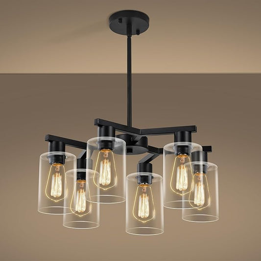 6-Light Modern Farmhouse Black Chandelier, Dining Room Light Fixture Over Table Adjustable Height Hanging Industrial Pendant Lights Kitchen Island, Clear Glass Shade-CasaMuseHome