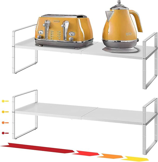 16.5~27.1" Expandable Shelf Organizer, 2Pack 8.1" Wide Stackable Cabinet Shelf Organizers, White Metal Sturdy Kitchen Counter Storage for Countertop, Adjustable Height Spice Rack-CasaMuseHome