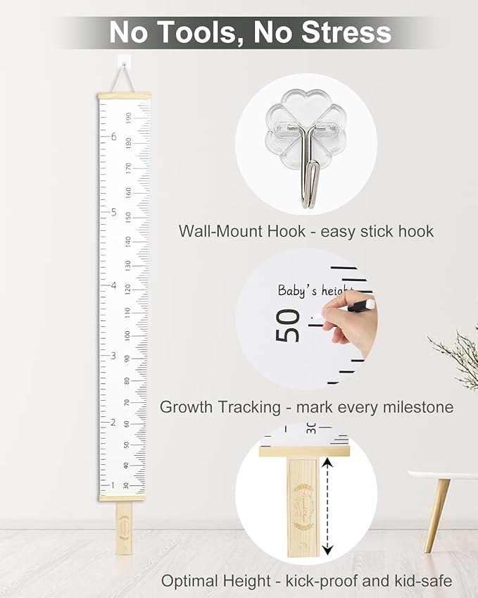 6.5FT Growth Chart for Kids with Wooden Keepsake Box - Children Height Measurement Kit Includes Marker Pen & Wall Hook, Height Tracker Ruler Baby Essentials, Nursery Room Decor Gift for Baby to Teen-CasaMuseHome