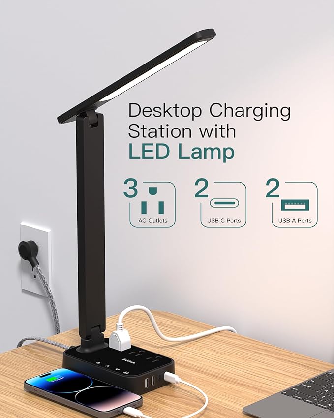 Addtam LED Desk Lamp, Power Strip with 3 Outlets 4 USB Charging Ports(2 USBC), 4 Modes 5 Level Brightness Touch Lamp, Small Desk Lamp for Home Office College Dorm Room Essentials-CasaMuseHome