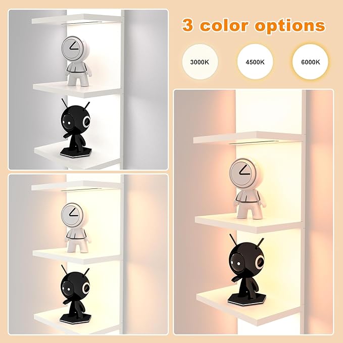 5 Tier Wall Shelf with Light, White Modern Vertical Lack Wall Shelves, Wall Mount, Floating Column Home Decor Shelves for Bedroom, Living Room, Vanity Storage Display-CasaMuseHome