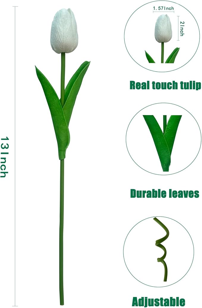 15pcs White Tulips PU Artificial Flowers Real Touch Fake Tulips for Spring Easter Home Kitchen Wedding Bouquet Bulk Mother's Gift Day Decorations-CasaMuseHome