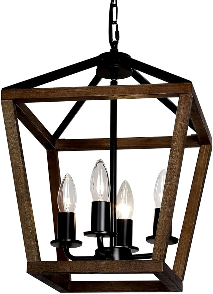 4-Light Lantern Pendant Light,Black Wood Cage Farmhouse Chandelier for Kitchen Island,12'' Rustic Metal Geometric Hanging Lighting Fixture for Kitchen Island Dining Room Bedroom Foyer Entry-CasaMuseHome