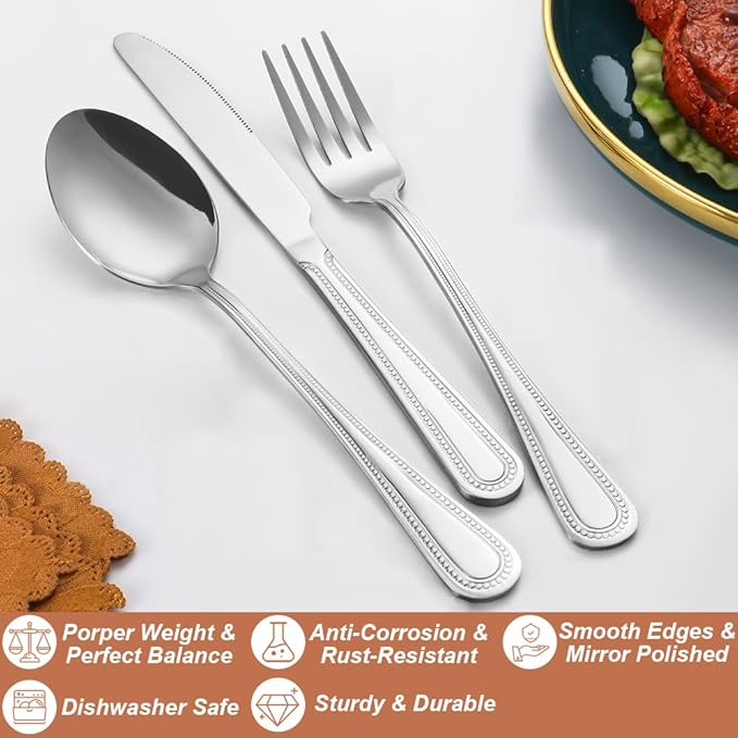 20 Pcs Silverware Set for 4 with Pearled Edge Handle design, Food Grade Stainless Steel Flatware Set, Eating Utensils Sets Include Fork/Knife/Spoon, Reusable Cutlery Set, Dishwasher Safe-CasaMuseHome