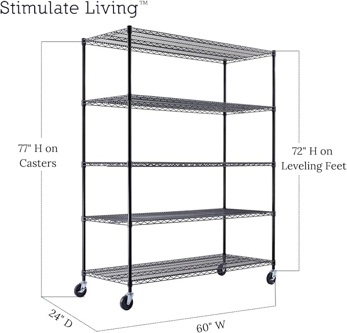 60"x24"x72" PRIME HEAVY DUTY Black 5-Tier Wire Shelving NSF 3000 LBS MAX Capacity Storage Rack for Commercial, School, Home, Garage, Warehouse, Industrial, and Hospital Uses (with Wheels)-CasaMuseHome