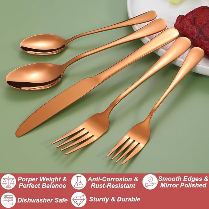 30 Pcs Rose Gold Silverware Set for 6, Food Grade Stainless Steel Flatware Set, Eating Utensils Sets Include Fork/Knife/Spoon,Home Kitchen Tableware Set, Reusable Cutlery Set, Dishwasher Safe-CasaMuseHome