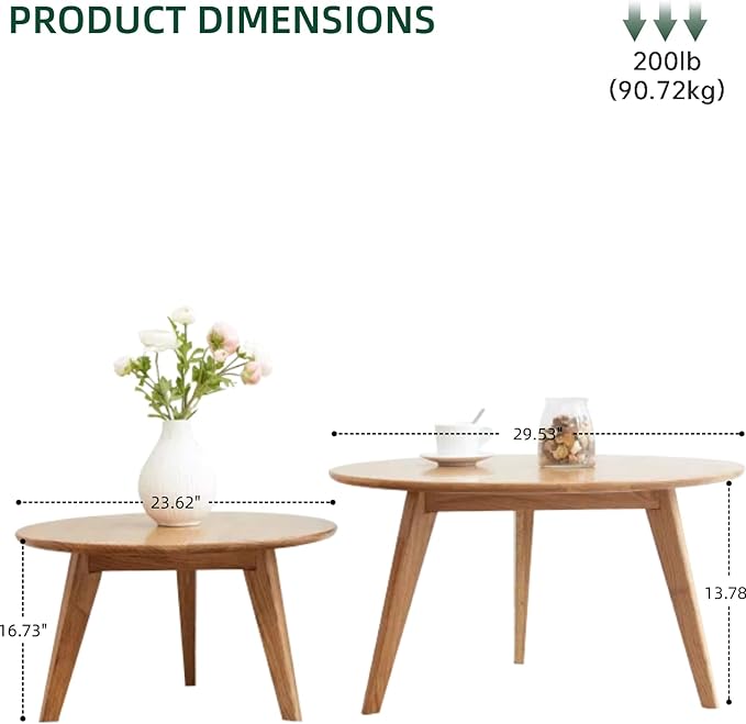 100% Solid Oak Wood Coffee Table Set, Round Coffee Table Combo Side Table w/Solid Wood Legs, Mid Century Table Sturdy Tables for Bedroom Balcony Living Room (Natural, Big-Medium Combo)-CasaMuseHome
