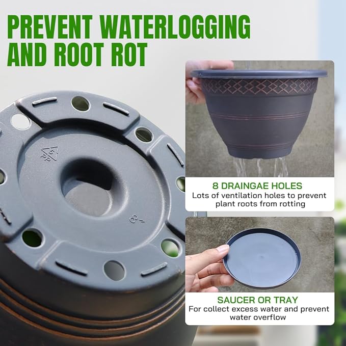 4 Pack 16 Inch Large Plant Pots, Plastic Flower Pot for Indoor & Outdoor with Drainage Holes & Saucer, Plaid Pattern Planters Garden Pots for Herbs-CasaMuseHome