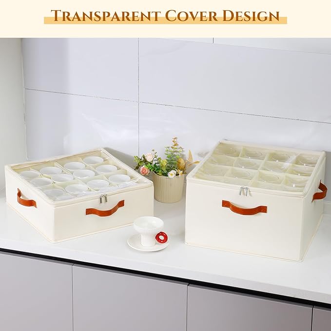 2 Pack Cup and Mug Storage Box with Dividers and Hard Shell, Stackable Coffee Cup Storage Organizer with Lid, Zipper, and Handles for Coffee Mugs, Cups, Glasses, Stemware Storage Containers for Moving-CasaMuseHome