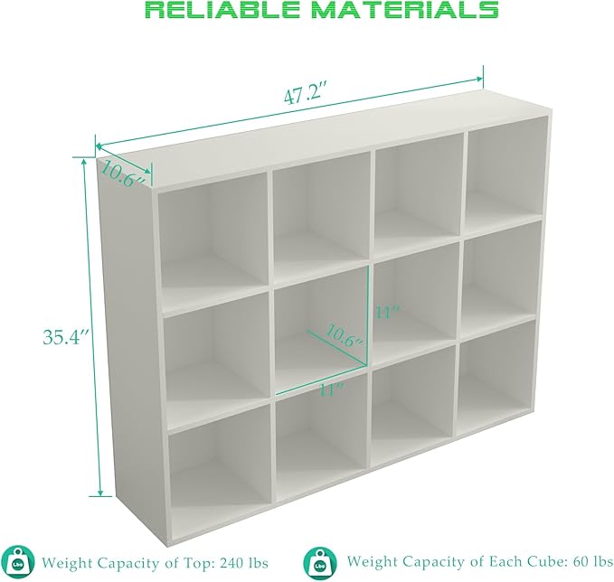 12-Cube Storage Shelf Bookcase - Wooden 3-Tier Floor Standing Open Bookshelf for Home and Office, Display Cabinet, Warm White-CasaMuseHome