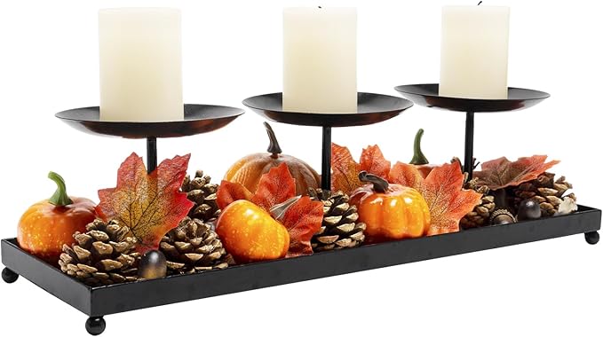 3 Pillar Black Metal Candle Holders for Table Centerpiece, Fall Thanksgiving & Halloween Dining Table, Fireplace Mantel Decor, Tray Candlestick for Living Room Rustic Decorations-CasaMuseHome