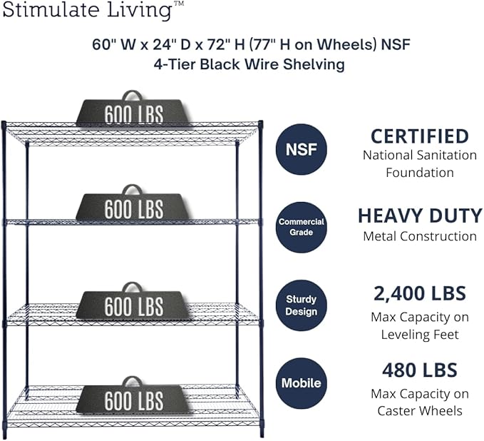 60"x24"x72" PRIME HEAVY DUTY Black 4-Tier Wire Shelving NSF 2400 LBS MAX Capacity Storage Rack for Commercial, School, Home, Garage, Warehouse, Industrial, and Hospital Uses (with Wheels)-CasaMuseHome