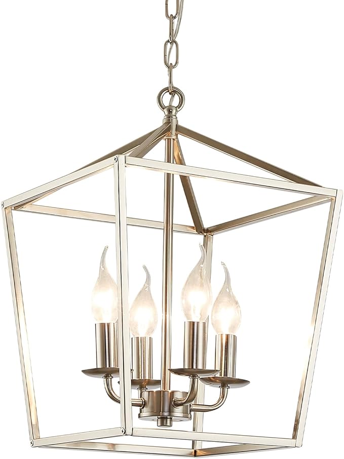 4-Light Brushed Nickel Farmhouse Chandelier, 12" Industrial Ceiling Light Lantern Pendant Light with Metal Cage Adjustable Height Rustic Hanging Light E12 Base for Kitchen Island Dining Room Entryway-CasaMuseHome