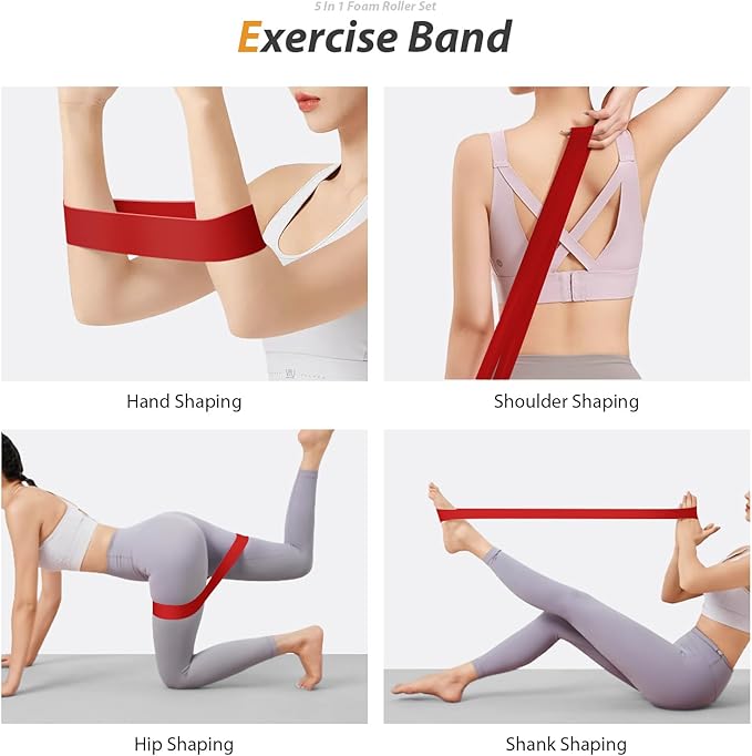 5 in1 Foam Roller Set, Trigger Point Foam Roller, Massage Roller Stick, Massage Ball, Resistance Band for Deep Muscle Massage Pilates Yoga,Fitness Exercise for Whole Body (Black-Red)-CasaMuseHome