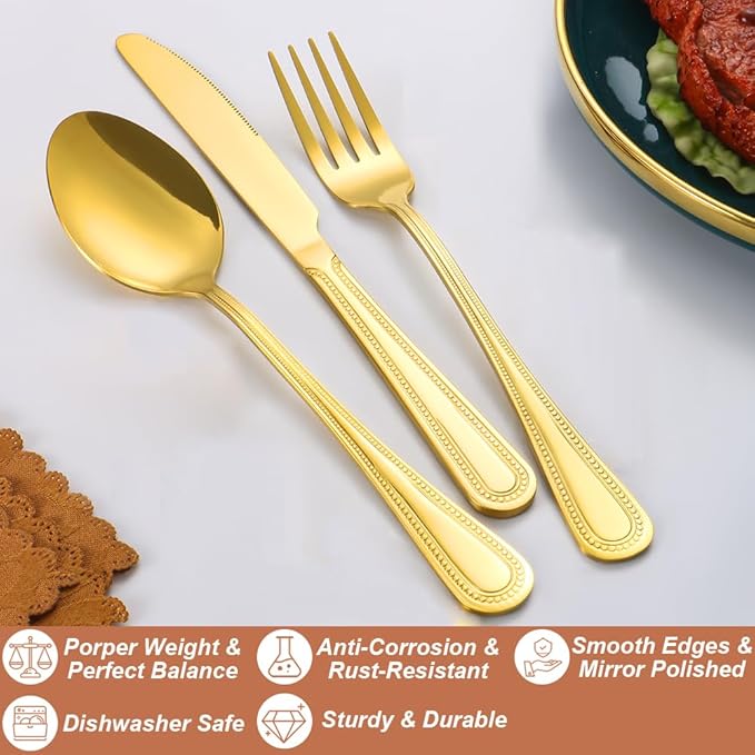 20 Pcs Gold Silverware Set for 4 with Pearled Edge Handle design, Food Grade Stainless Steel Flatware Set, Eating Utensils Sets Include Fork/Knife/Spoon, Reusable Cutlery Set, Dishwasher Safe-CasaMuseHome